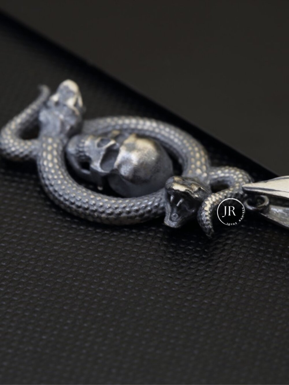 .925 Sterling Silver Skull and Snake Pendant Gothic Oxidized Fine Jewelry - Picture 3 of 9